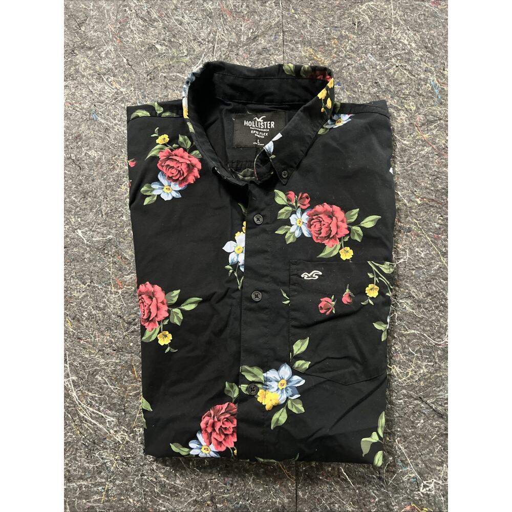 Hollister Mens Size L Epic Flex Stretch Shirt Blue Floral Button Up Short Sleeve